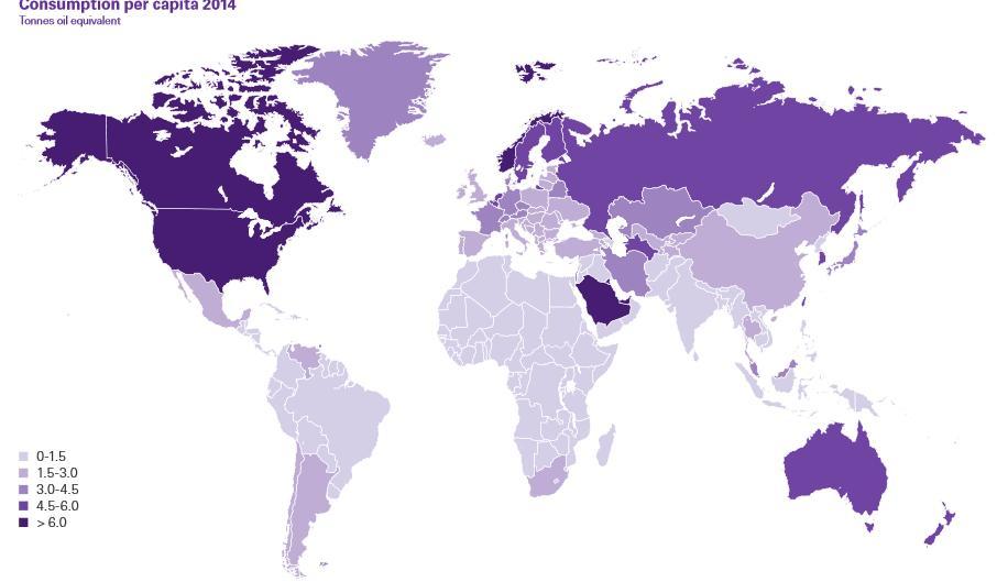 UMA NOVA GEOPOLÍTICA MUNDIAL Consumo per capita de Energia no Mundo (2014) Trópico de Câncer Equador Trópico