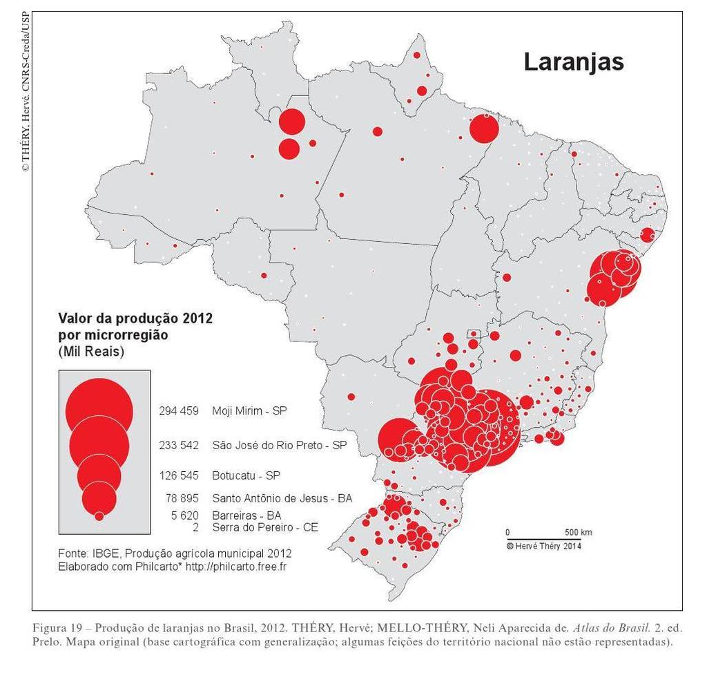 LEITURA E ANÁLISE DE MAPA 1. Com o auxílio do mapa, registre quais são as principais regiões produtoras de laranja no Brasil.