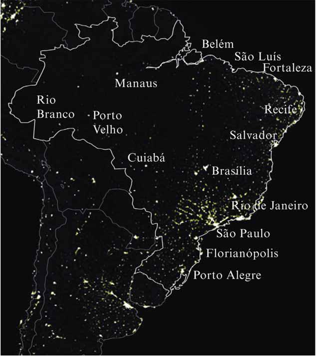 Etapa 2 Leitura de imagem de satélite: Brasil Nesta etapa, é preciso observar a imagem noturna de parte da América do Sul, pelo qual o amarelo destaca as grandes concentrações urbanas.