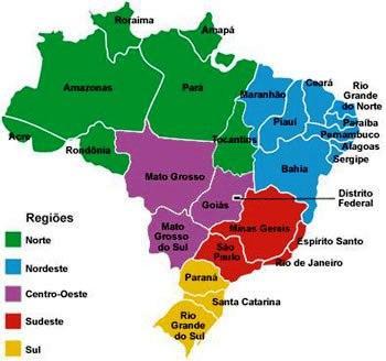 BRASIL:DIVISÃO REGIONAL Figura 16 - Fonte: IBGE Divisão Regional De acordo com o IBGE (Instituto Brasileiro de Geografia e Estatística), o território brasileiro está dividido em cinco regiões