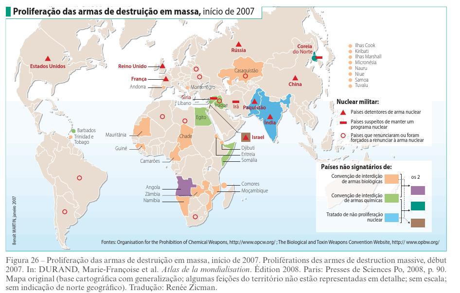 LEITURA E ANÁLISE DE MAPA O mapa proliferação das armas de destruição em massa, início de 2007, retrata a situação dos países em relação ao poderio nuclear militar e aos tratados e convenções