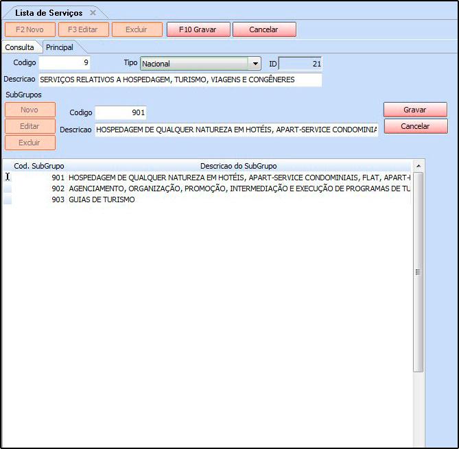 Código: Digite um código para esta lista que está sendo criada; Tipo: Informe se o tipo da lista será municipal ou nacional; Descrição: Informe a descrição principal deste serviço;