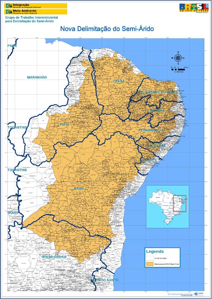 A região semi-árida brasileira ocupa hoje oficialmente uma área total de 969.589 Km 2 em 1135 municípios pios.