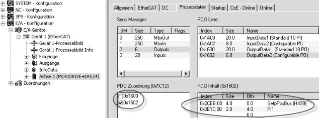 8 I 0 Motion Control via EtherCAT Exemplo TwinCAT Na atribuição do PDO, o PDO1 é desativado e no PDO2 são definidas a