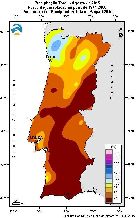 Em grande parte das estações meteorológicas a sul do rio Tejo não ocorreu precipitação e o valor mensal mais alto ocorrido este mês verificou-se no Cabril com 47.0 mm (Figura 4 esq.).