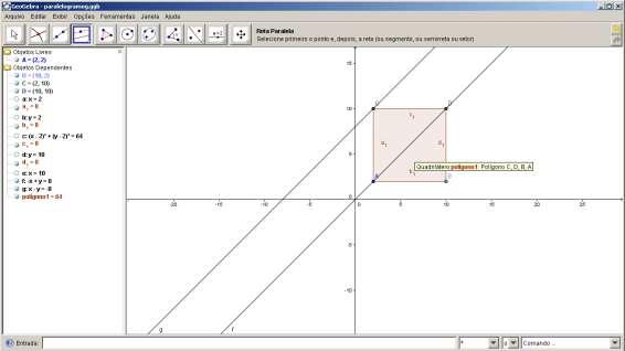 16) Construa uma reta paralela a reta f, que passe em B. Para isto, clique em e selecione a opção.