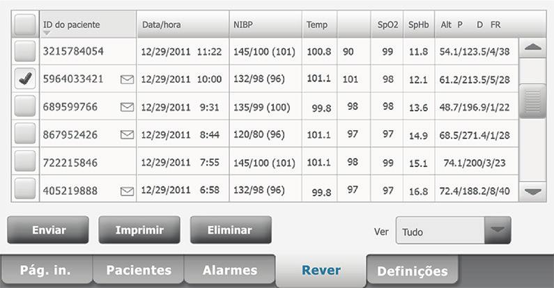 Navegação do separador Revisão (perfil de Monitorização Contínua) No perfil de Monitorização Contínua, o separador Revisão activa o acesso a uma tabela de tendências de todas as leituras do paciente