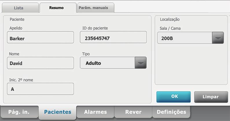 Adicionar um paciente a uma lista de pacientes (não ligada à estação central) Configurar as opções dos parâmetros 1. Tocar no separador Pacientes. 2. Tocar em Adicionar. 3.