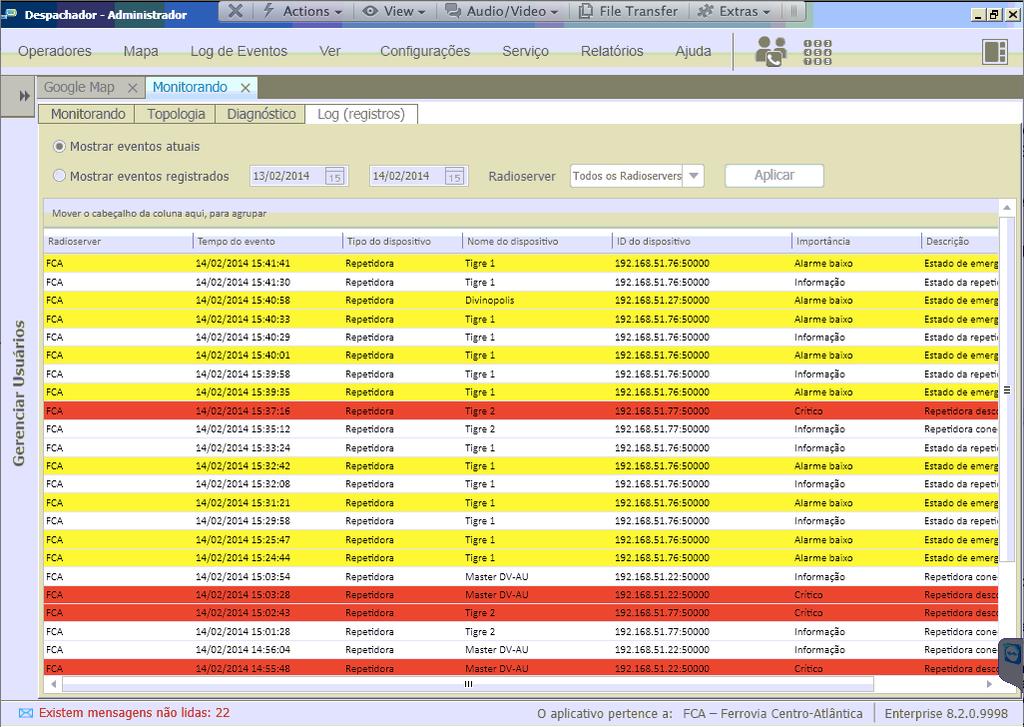 DESCRITIVO TÉCNICO SmartPTT Monitoring estado crítico vermelho alarme de prioridade alta roxo alarme secundário amarelo Esse log faz com que seja fácil rastrear problemas e monitorar o estado da rede