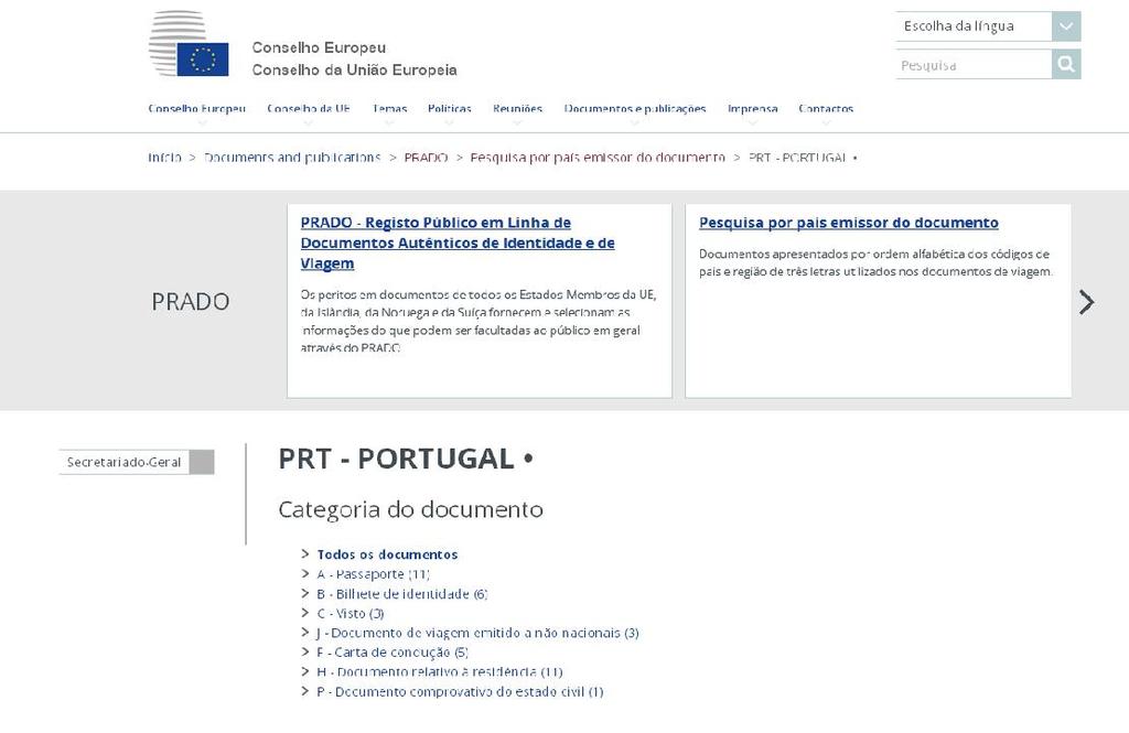 26. Isto mostrará uma lista de países cujos documentos estão disponíveis para serem visualizados. 27. Selecione o país cujos documentos deseja visualizar.