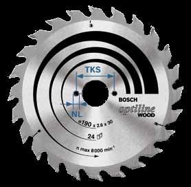 Acessórios Bosch 2011 Serras circulares Optiline Wood 269 Diâmetros do programa Ø 100 a 406 mm Corte muito grosseiro Ideal para cortes longitudinais e transversais rápidos em madeira macia, madeira