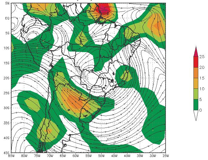 111 (b) (c) Figura 43 Análise sinótica para o dia 12/04/1998-12UTC (a) Convergência de fluxo de umidade em baixos níveis (850 hpa) ( ); (b) Campo de divergência ( ) e linhas de corrente em altos