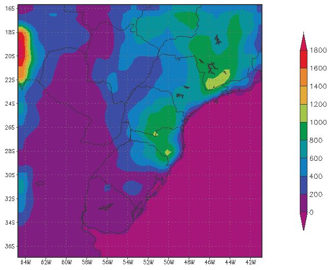 40 A figura 9 mostra o campo de topografia do modelo. É possível identificar também o domínio utilizado (16ºS-36ºS e 42ºW-64ºW). Figura 9 Campo de topografia do Modelo Regional ReCM3.