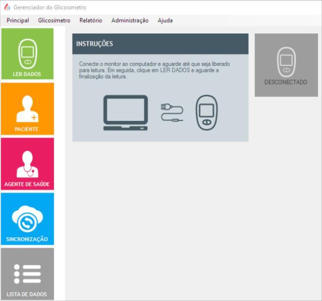 PAINEL DE CONTROLE LER DADOS: função de transferência de resultados memorizados no monitor para um computador PACIENTE: função para cadastramento e busca de pacientes AGENTE DE