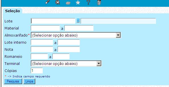 Cadastro básico / regras de negócios Processos Recebimento de notas fiscais WMS Etiqueta de lote de material Selecionar a ultima opção, pressionar F2 e preencher os dados obrigatórios: Imprimir as