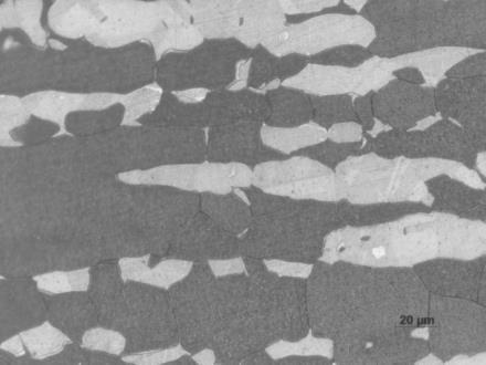 Microscopia ótica do aço UNS S31803, aumento de 20µm, nas condições (a) sem tratamento e (b) tratamento a 1200 o C e resfriamento em água gelada Ao comparar-se a microscopia ótica e os valores de