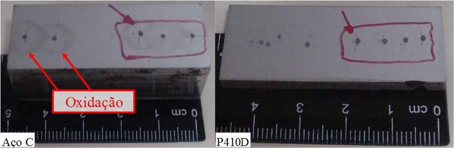 Avaliando-se as amostras, observou-se a extensão do efeito corrosivo em torno da calota, mas apenas para Aço C (JIS SS540), Figura 2.