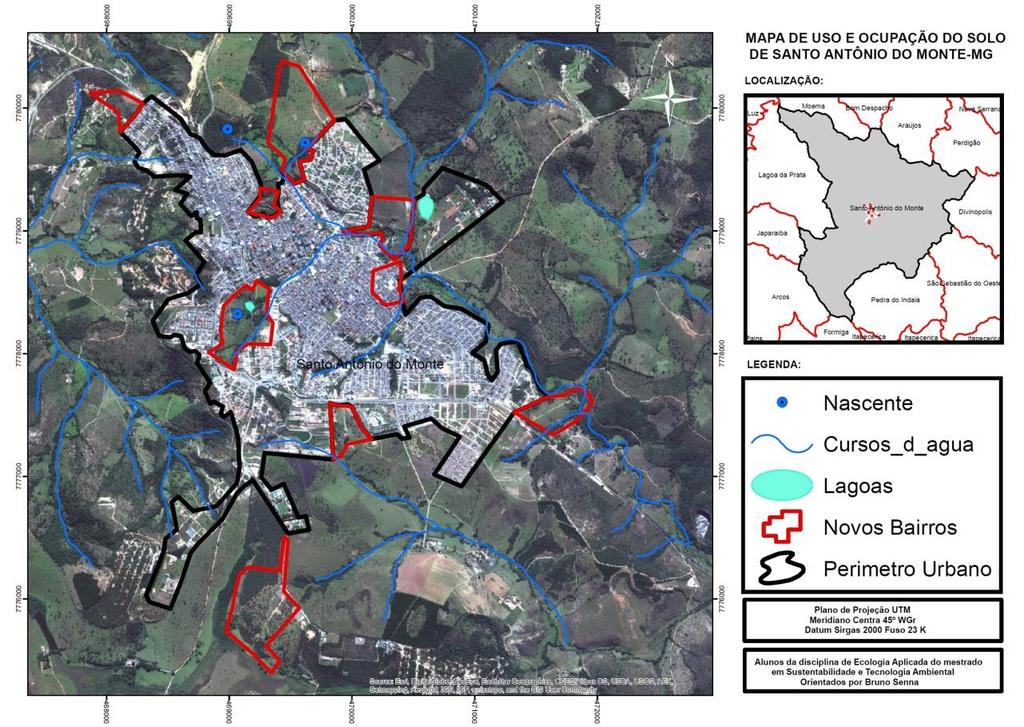 Figura 1: Mapa de uso e ocupação do solo no município de Santo Antônio do Monte, MG (Fonte: Fabiano Gonçalves) O crescimento populacional estimado pelo IBGE no período entre 2010 a 2015 foi de 6,84%,