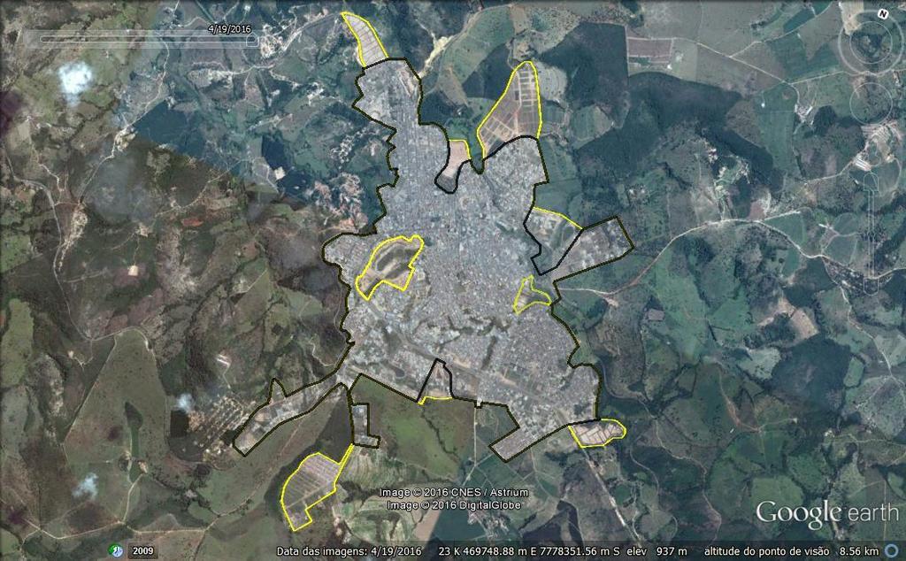 da área urbanizada no município mostra entre os anos de 2009 e 2016 um acréscimo de 140.55.