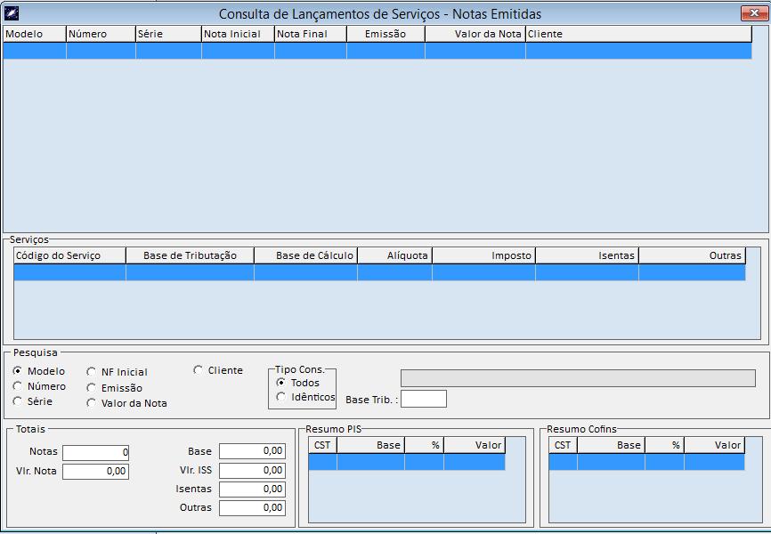 Tela de Consulta de Serviços Notas Emitidas Com a tela de consultas o usuário pode realizar a pesquisa dos documentos fiscais por vários filtros, tais como, modelo, NF
