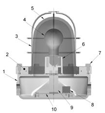 DETALHES CONSTRUTIVOS 0- Corpo 0- Flange de fixação 0- Grade 0- Lâmpada 0- Globo borosilicato 0- Soquete 0- Parafuso de fixação da flange 08- Conector 09- Base do soquete 0- Chassi ATENÇÃO: A entrada