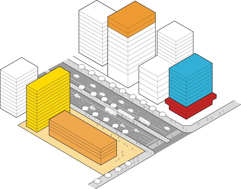 DIVERSIFICAR O PADRÃO SOCIAL NOS EIXOS DE TRANSPORTE ESTRATÉGIA ESPECIFICA Habitação de mercado Prever que edificações de grande porte destinem área construída para Habitação de Interesse Social