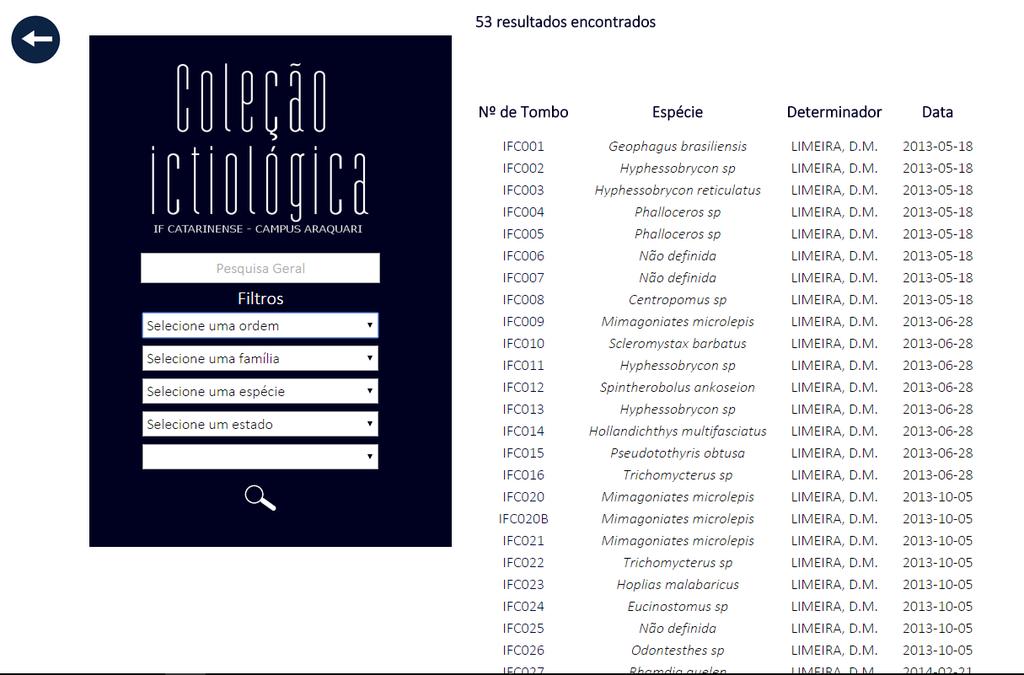 A coleção ictiológica do IFC Câmpus Araquari, informatiza os dados no momento em que esses são levantados, facilitando assim sua organização e busca.