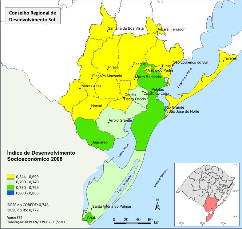 Figura 3 - Índice de Desenvolvimento Socioeconômico, por município no COREDE Sul, em 2008 A análise do IDESE global pelos municípios aponta uma grande variabilidade entre os índices municipais.