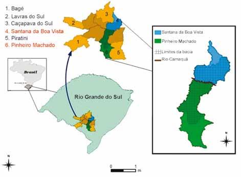 Figura 1. Mapa de localização dos municípios que compõem a Bacia Hidrográfica do Alto Camaquã, com destaque para os municípios de Pinheiro Machado e Santana da Boa Vista. Fonte: Neske (2009).