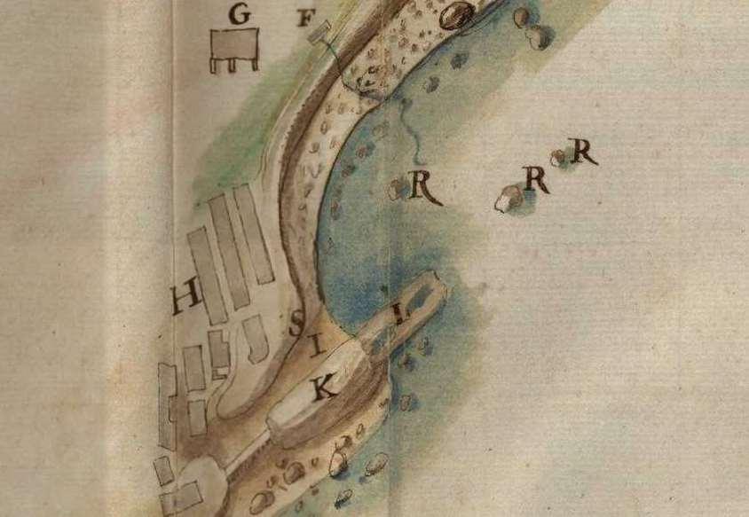 O SÍTIO DE RIBEIRA Pormenor da zona da Ribeira em Costa e plano da Villa de Sines de Leonardo Turriano, c.