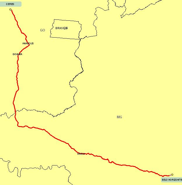 Página 27 Figura 8: Itinerário principal da ligação BELO HORIZONTE (MG) CERES (GO) A tabela a seguir apresenta o itinerário principal da ligação em questão, informando a extensão dos trechos, as