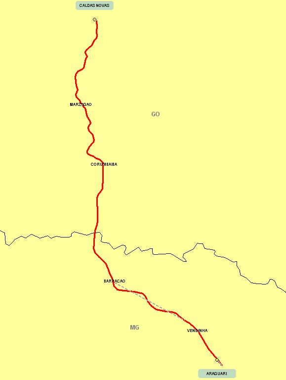 Página 49 Figura 16: Itinerário principal da ligação ARAGUARI (MG) CALDAS NOVAS (GO) A tabela a seguir apresenta o itinerário principal da ligação em questão, informando a extensão dos trechos, as