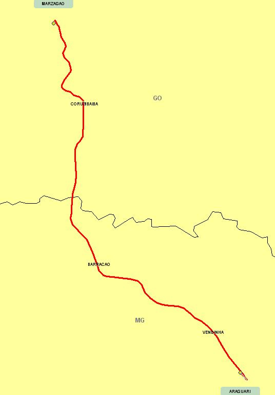 Página 59 Figura 21: Itinerário principal da ligação ARAGUARI (MG) MARZAGAO (GO) A tabela a seguir apresenta o itinerário principal da ligação em questão, informando a extensão dos trechos, as