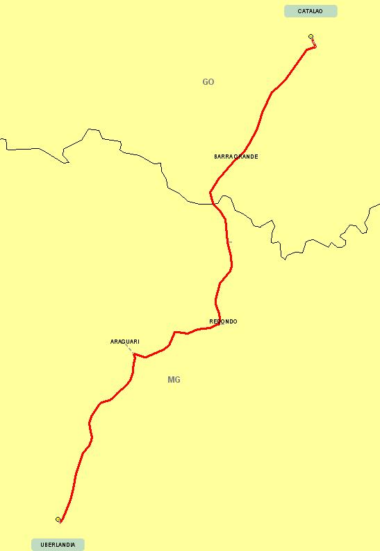 Página 85 Figura 32: Itinerário principal da ligação UBERLANDIA (MG) CATALAO (GO) A tabela a seguir apresenta o itinerário principal da ligação em questão, informando a extensão dos trechos, as