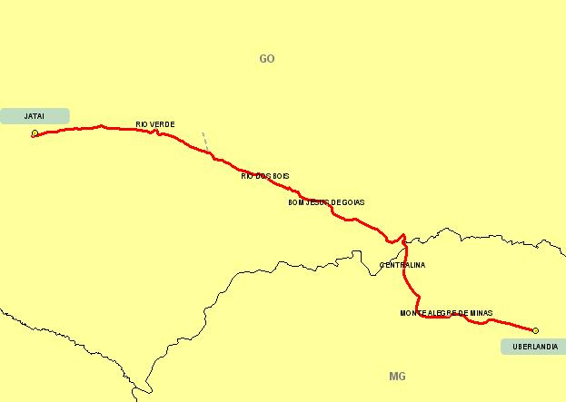 Página 87 Figura 33: Itinerário principal da ligação UBERLANDIA (MG) JATAI (GO) A tabela a seguir apresenta o itinerário principal da ligação em questão, informando a extensão dos trechos, as