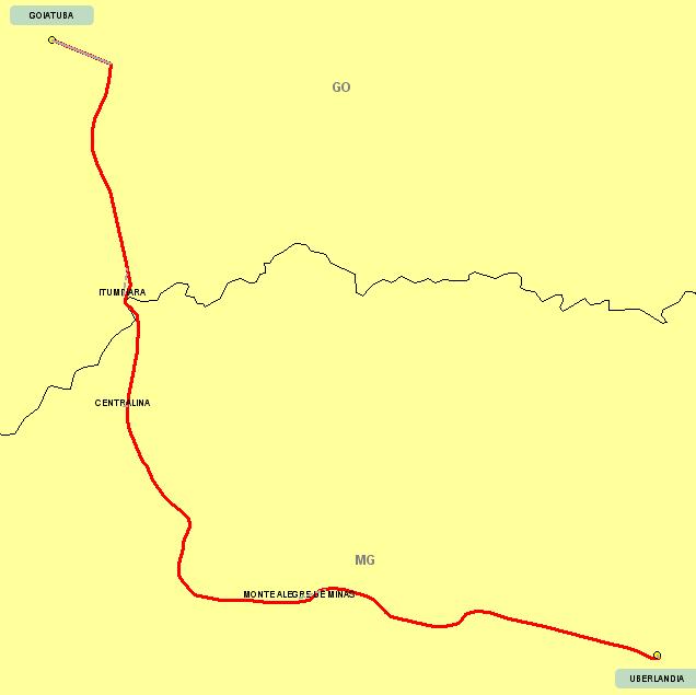 Página 97 Figura 37: Itinerário principal da ligação UBERLANDIA (MG) GOIATUBA (GO) A tabela a seguir apresenta o itinerário principal da ligação em questão, informando a extensão dos trechos, as