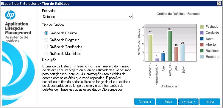 Capítulo 8: Analisando dados do ALM a. Clique em Avançar. A página Selecionar Tipo de Entidade é aberta. b. Em Entidade, selecione Defeitos. c.