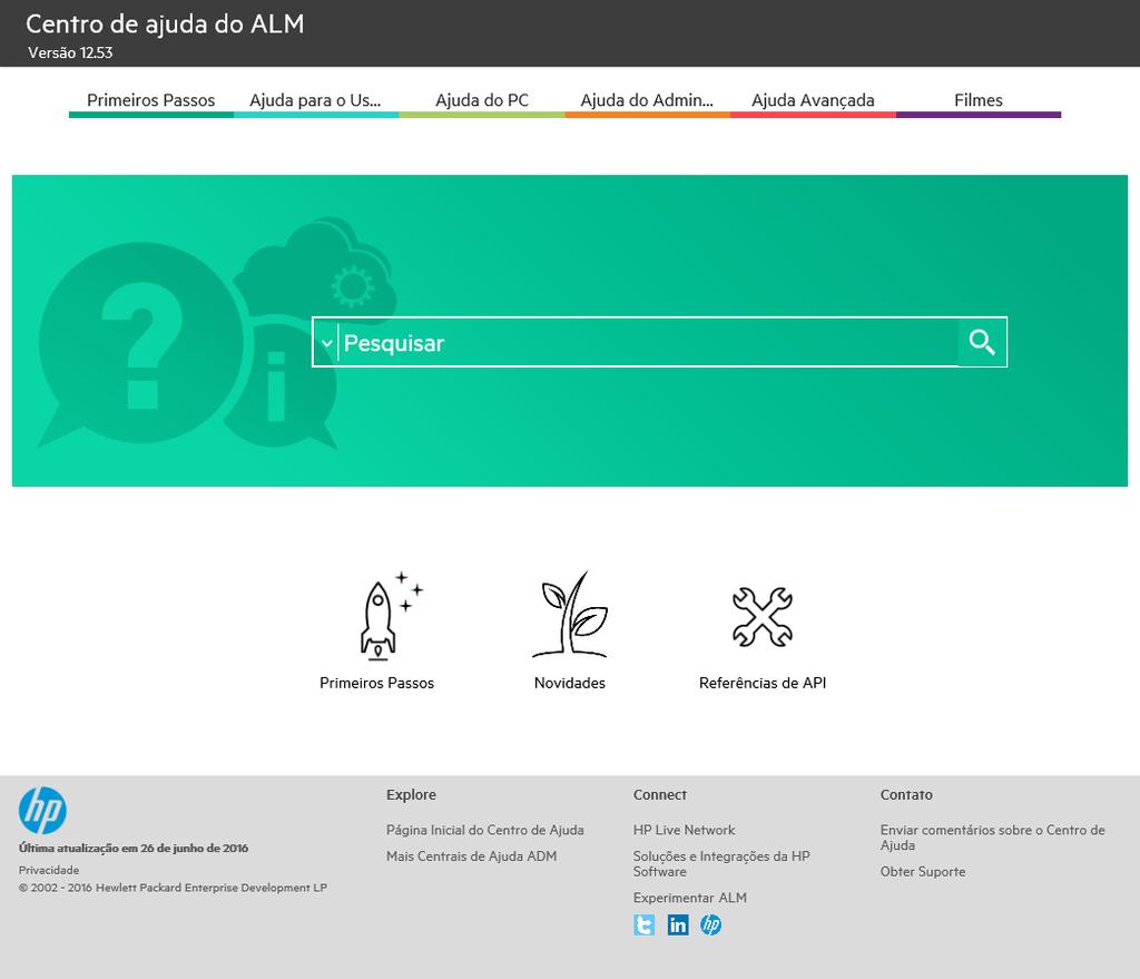 Capítulo 1: Introdução ao HP ALM A Ajuda do ALM consiste em guias e referências, que estão disponíveis online e/ou no formato PDF. c. Selecione Primeiros Passos > Conteúdo e PDFs para mostrar a ajuda, os filmes e outros recursos.