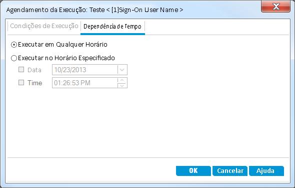 Capítulo 5: Executando testes a. Clique na guia Dependência de Tempo. b. Clique em Executar no Horário Especificado. Marque a caixa de seleção Data e selecione a data de amanhã. c. Clique em OK para fechar a caixa de diálogo Agendamento da Execução.