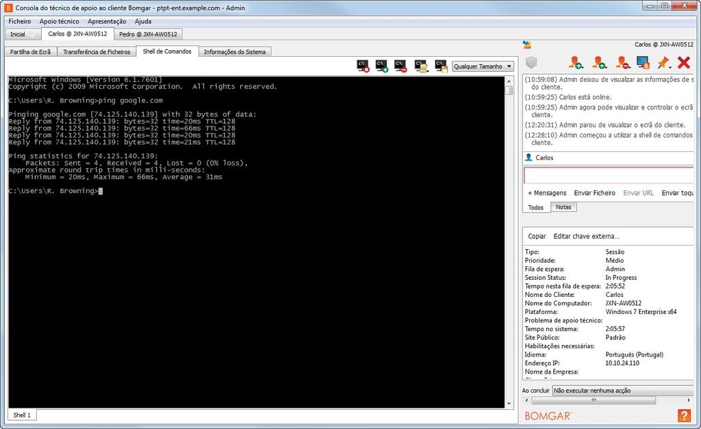 SHELL DE COMANDOS A shell de comandos remoto permite a um técnico de apoio ao cliente com privilégios abrir uma interface de linha de comando virtual para o computador do cliente.