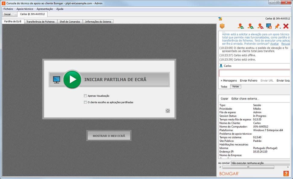 MOSTRAR O MEU ECRÃ DO TÉCNICO DE APOIO AO CLIENTE Um técnico de apoio ao cliente com privilégios pode partilhar o ecrã com um cliente em qualquer altura, permitindo uma maior eficácia das sessões de