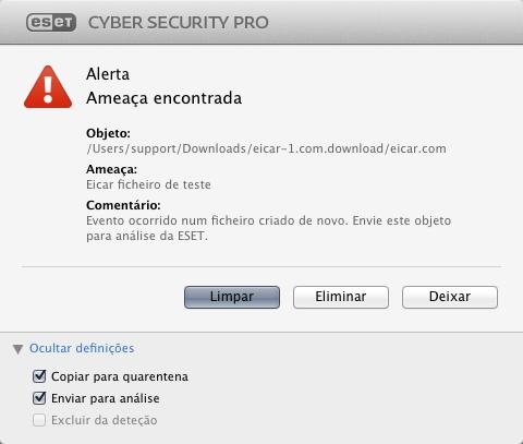 real tentará limpar ou eliminar o ficheiro. Se não houver uma ação predefinida disponível para o módulo de proteção em tempo real, ser-lhe-á pedido que selecione uma opção numa janela de alertas.