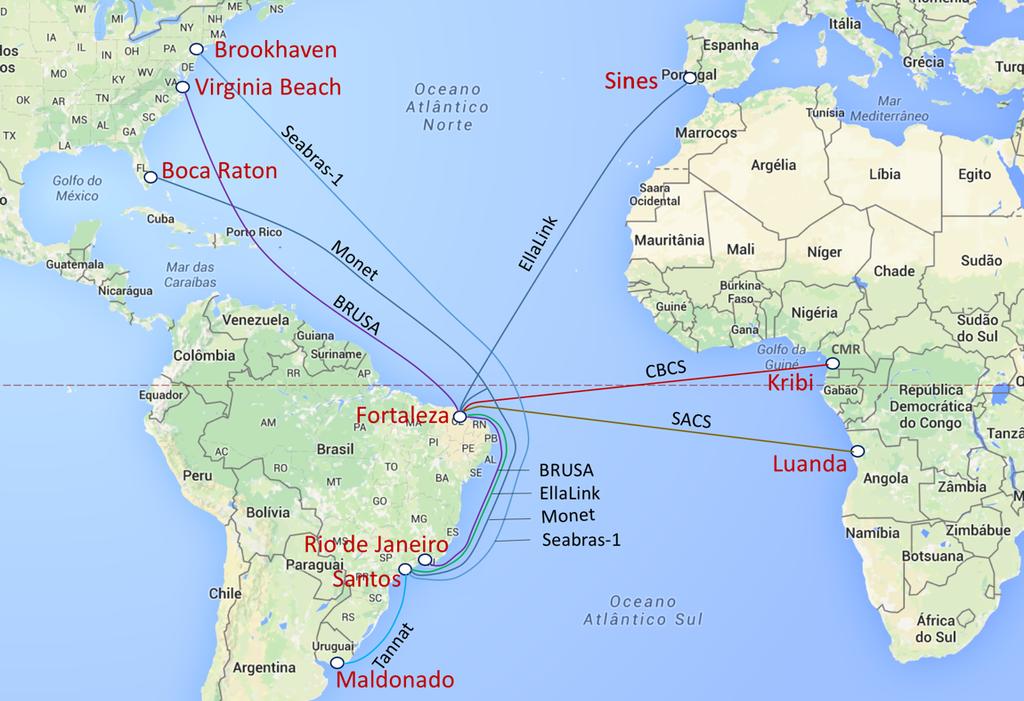 Novos cabos de 100G no Brasil Novos cabos submarinos no Brasil no ano 2019 a partir de: EUA (3) BRUSA Monet Seabras-1 Europa (1) EllaLink África (2) CBCS