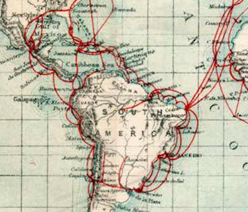 Um cabo subfluvial no Brasil em 1901 O mapa de 1901 mostra un cabo no interior de Amazônia a partir de Belem.