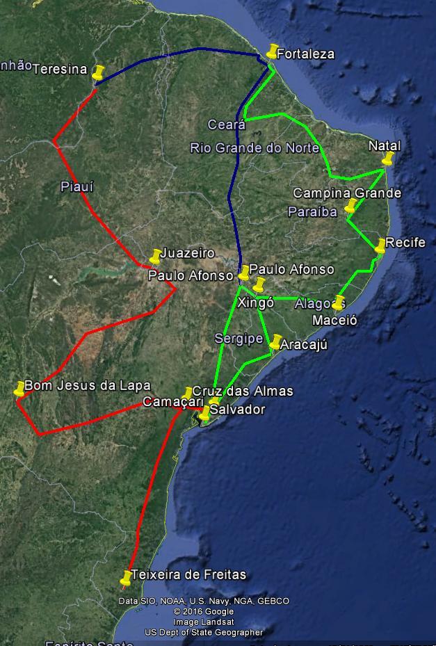 Parceria estabelecida: CHESF Fases: Fase I: Rota FTZ-NTL-CGD-REC- MAC-XGO-AJU-SSA-CAM-PAF Fase II: Rota