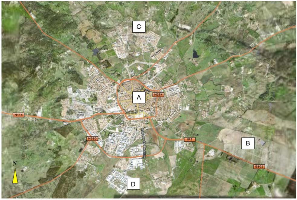 IV A figura 4 é uma imagem de satélite da cidade de Évora e da respectiva área envolvente. Fonte: Google Earth Figura 4 Évora, imagem de satélite 1.