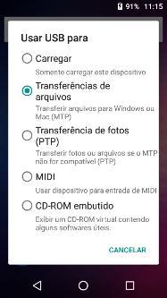 Opções de conexão USB: Carregamento apenas: Carregar o aparelho Dispositivo de mídia (MTP): Transferir arquivos de mídia Câmera (PTP): Transferir fotos usando o software da câmera Armazenamento USB: