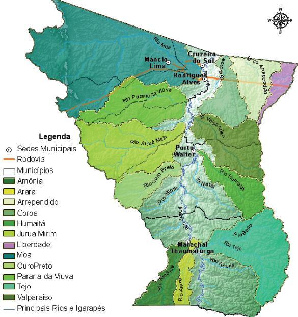 Figura 02 - Principais sub-bacias do rio Juruá inseridas no Alto Juruá. Fonte: Base de dados do ZEE (ACRE, 2006).