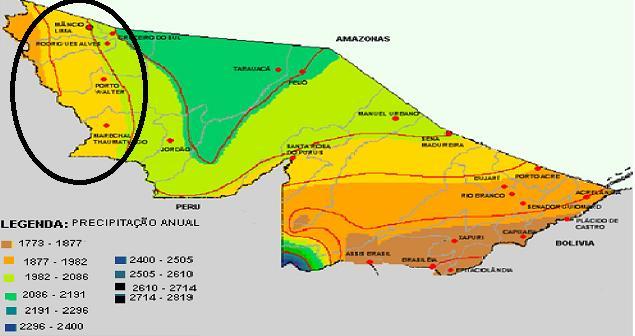 No território do Alto Juruá, área do estudo em questão, o clima é caracterizado por altas temperaturas e elevados índices pluviométricos (Figura 14).