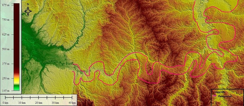 Figura 43 Canal abandonado na região de Marechal Thaumaturgo Fonte: Dados SRTM Os paleocanais possuem formas sinuosas e meandrantes.